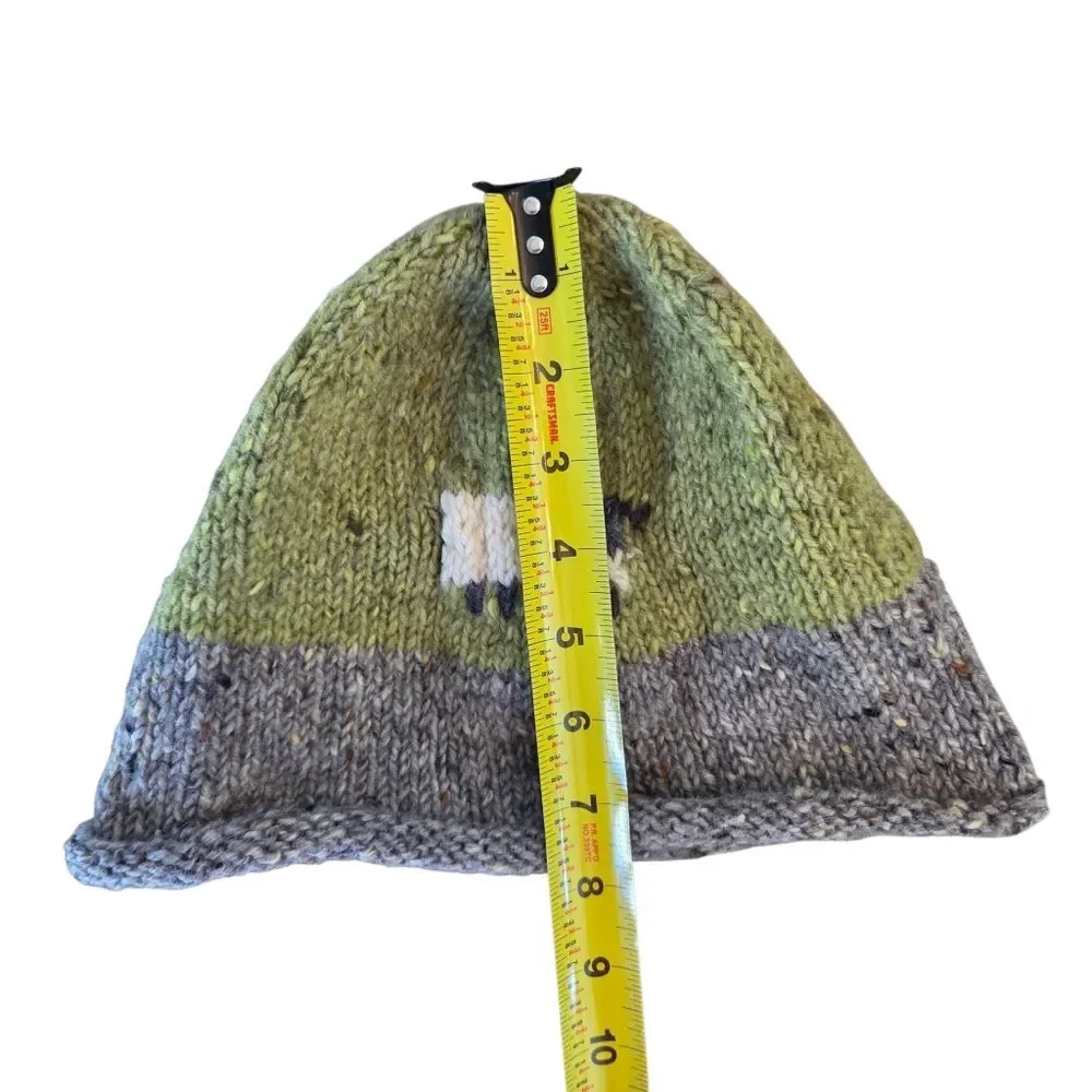 Hand-Knit Wool Beanie Ireland Artisan Sheep Motif Winter Hat NWOT Green Gray